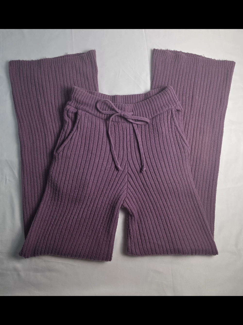 Zara Purple Ribbed Knit Wide Leg Pants Drawstring High Waist Size S